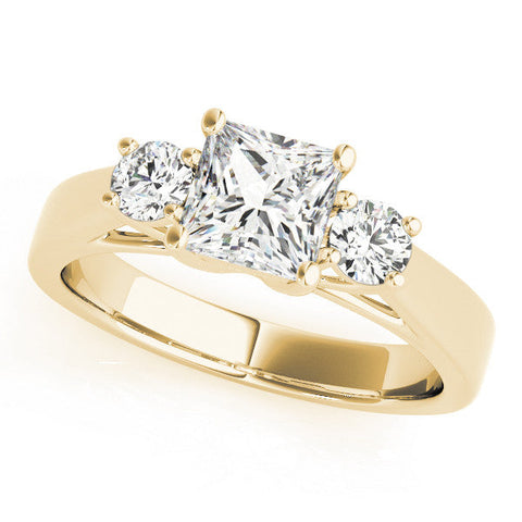 Yellow gold Three-Stone Princess Cut Solitaire Ring with Round Side Stones and Four-Prong Setting