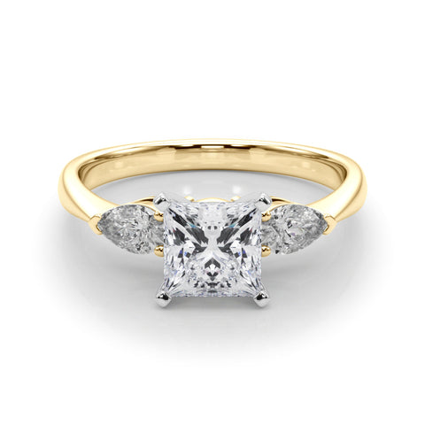 Yellow gold Three-Stone Princess Diamond Ring with Pear Side Stones in Four-Prong Setting