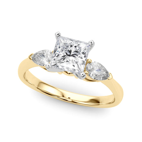 Yellow gold Three-Stone Princess Diamond Ring with Pear Side Stones in Four-Prong Setting