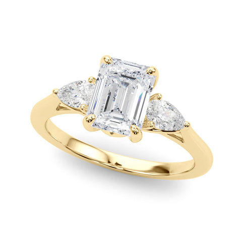 Yellow gold Three-Stone Emerald Cut Diamond Ring with Pear Side Stones in Four-Prong Setting