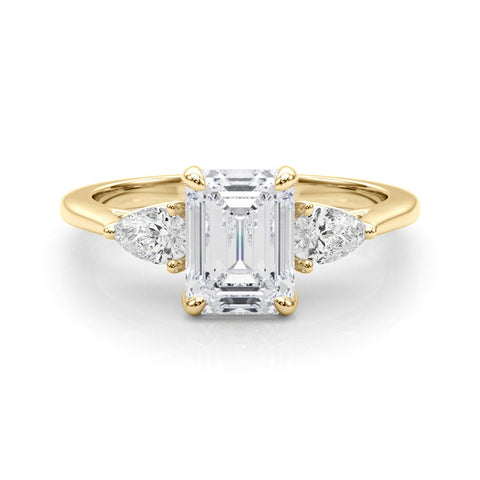 Yellow gold Three-Stone Radiant Cut Diamond Ring with Pear Side Stones in Four-Prong Setting