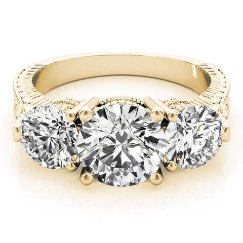 Yellow gold Three-Stone Round Cut Milgrain Band Prong Setting Ring