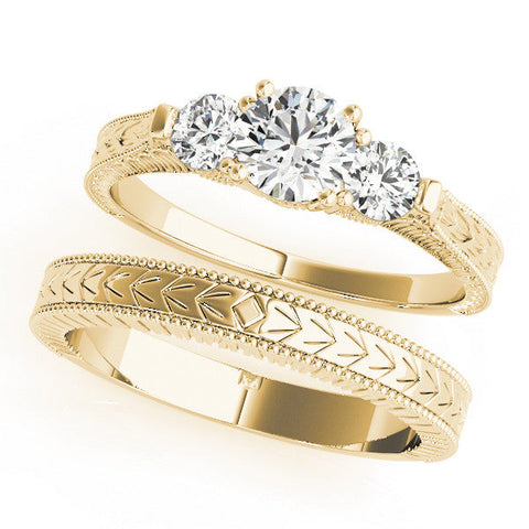 Yellow gold Three-Stone Round Cut Milgrain Band with Prong Setting
