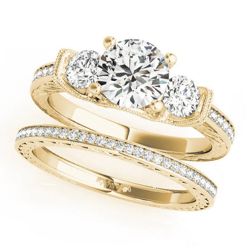 Yellow gold Three-Stone Round Cut Milgrain Pave Band Prong Setting Ring