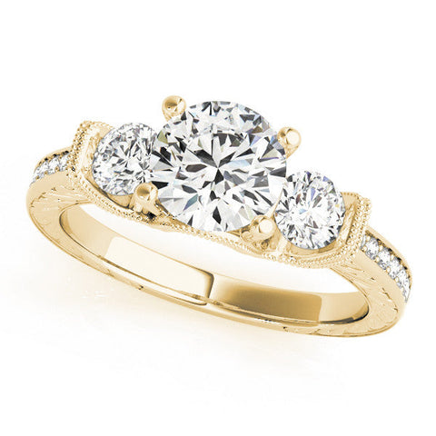 Yellow gold Three-Stone Round Cut Milgrain Pave Band Prong Setting Ring