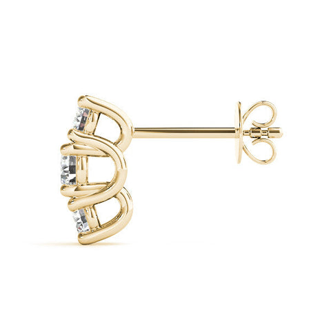 Yellow gold Three-Stone Round Diamond Channel Band Prong-Set Earrings