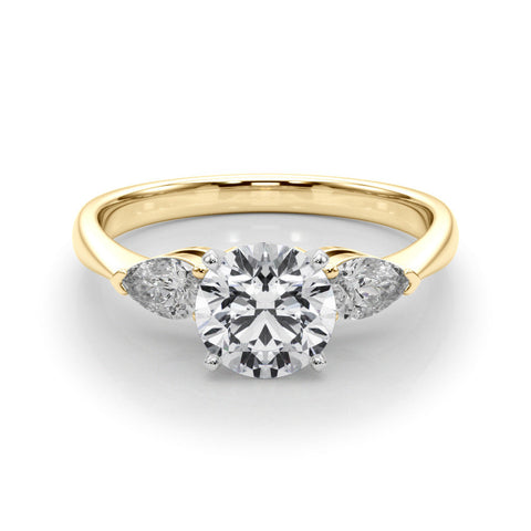 Yellow gold Three-Stone Round Diamond Ring with Pear Side Stones in Four-Prong Setting