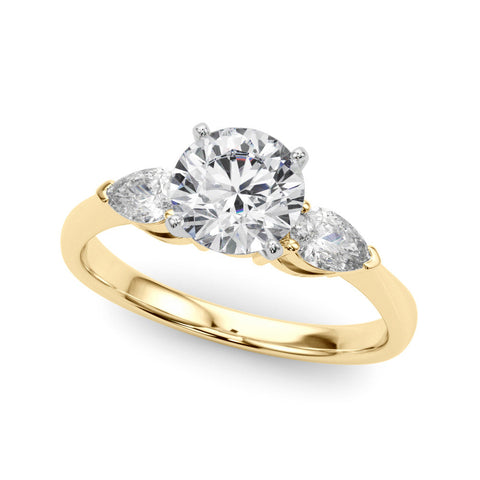 Yellow gold Three-Stone Round Diamond Ring with Pear Side Stones in Four-Prong Setting