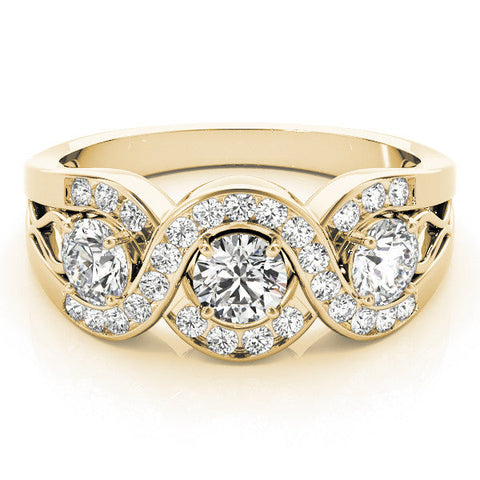 Yellow gold Three-Stone Round Diamond Wave Pave Band with Prong Setting