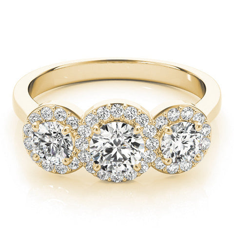 Yellow gold Three-Stone Round Halo Diamond Ring with Pavé Band and Prong Setting