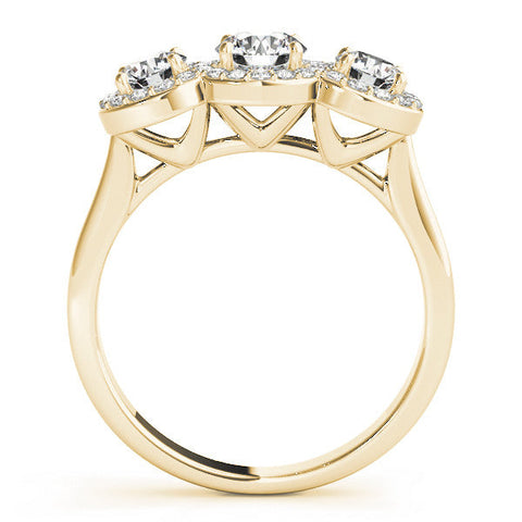 Yellow gold Three-Stone Round Halo Diamond Ring with Pavé Band and Prong Setting