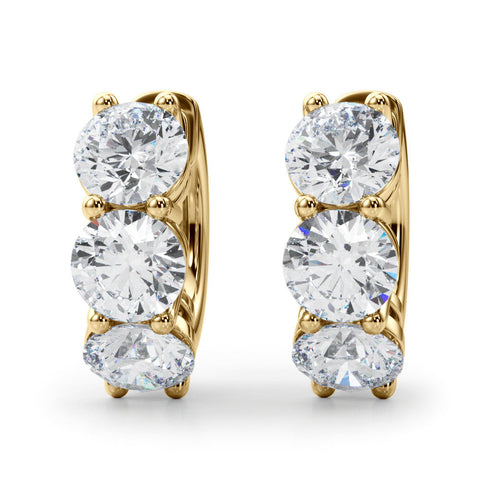 Yellow gold Triple Round Diamond Huggie Earrings with Prong Setting