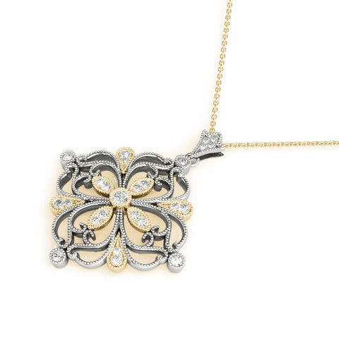 Yellow gold Vintage Floral Diamond Pendant with Round Brilliant Cut and Pavé Setting