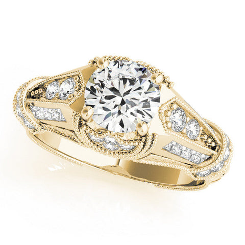 Yellow gold Vintage Milgrain Round Diamond Split Shank Ring with Prong Setting